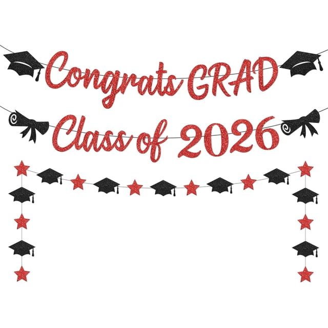 Yanonmyfd Black and Red Congrats Grad Banner,Class of 2026 Banner and Graduation Caps Garland,Glitter Red Graduation Decorations Banner,Pre-Strung Graduation Banner for Graduation Decorations 2026