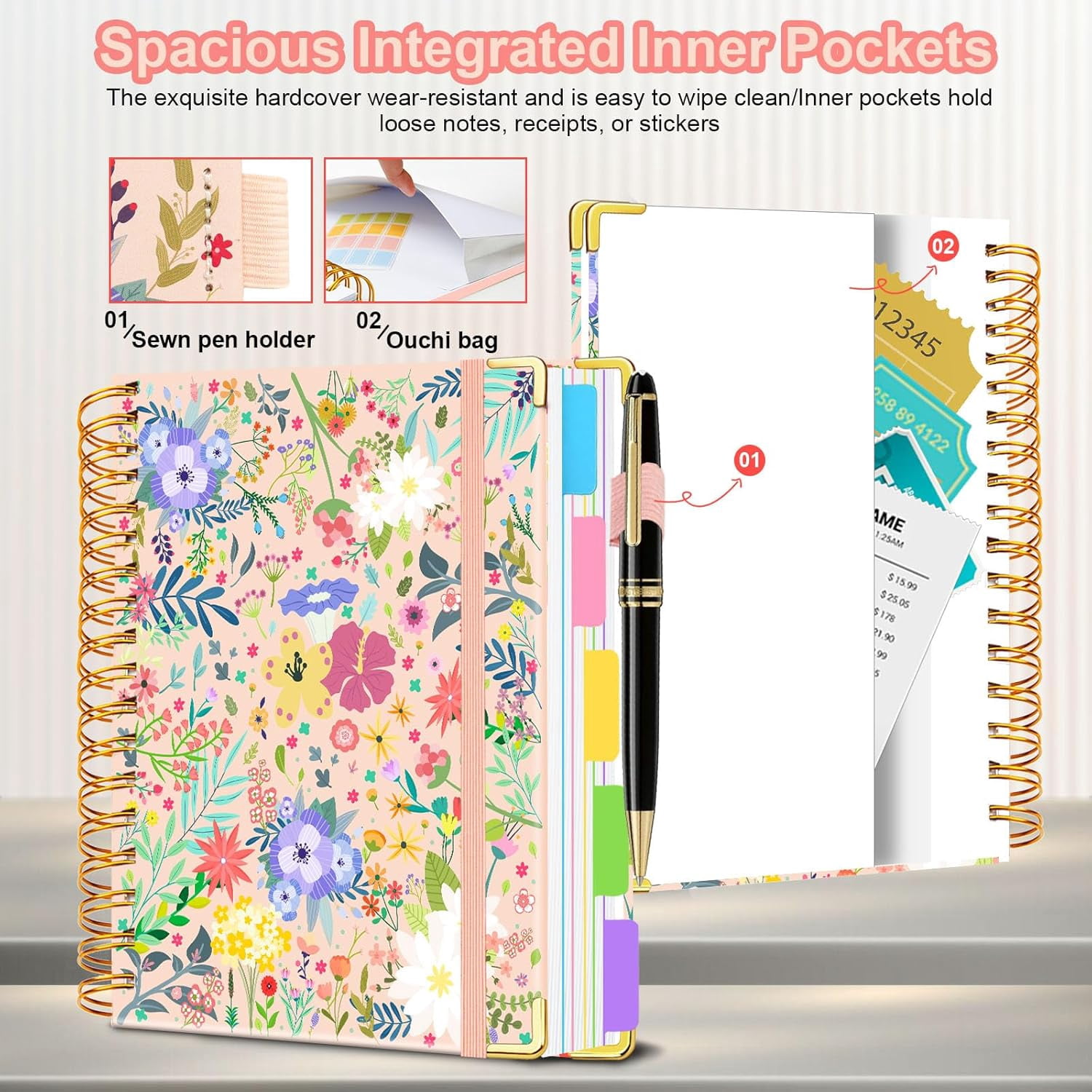 Spiral Journal Notebooks for Work, 300 Pages 5 Subject Notebook College Ruled with Dividers & Tabs, 8''x 10'' Large Notebook Journal for Women Students Note-Taking and Organizer (Beige Bloom)