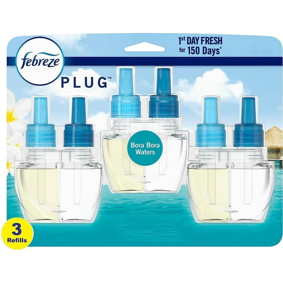 Febreze Plug with Fade Defy Technology Air Freshener - New Limited Edition - (3) of 0.87 fl oz Refills (Bora Bora), Clear