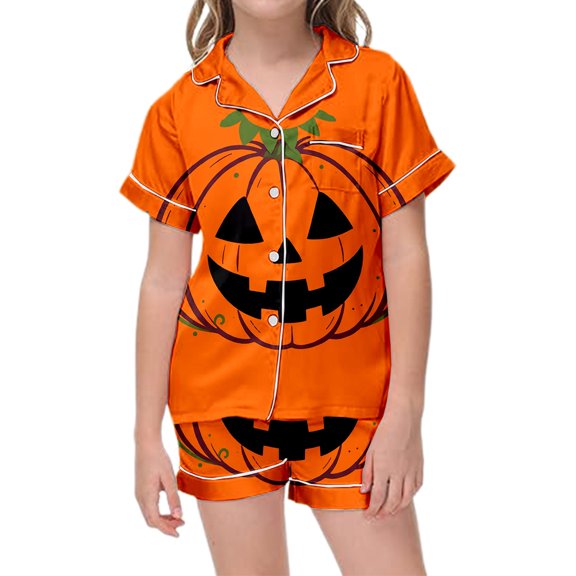 ZHOGXU Leisure Halloween Themed Short Sleeve Pajama Set Pumpkin Printed Kids Girls Sleepwear Home Nights