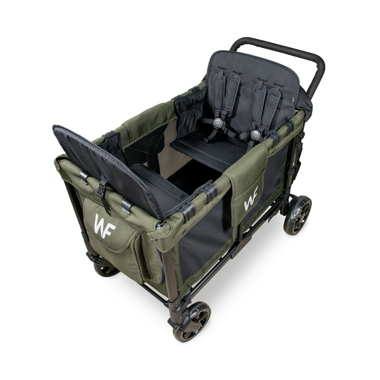 WONDERFOLD W4 4 Seater Multi-Function Quad Stroller Wagon with Removable Raised Seats and Slidable Canopy, Olive Green