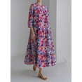 thumbnail image 5 of Womens Dresses Floral Print 3/4 Sleeve Crew Neck Button Front Dress Summer Casual Relaxed Fit A-Line Knee-Length Dress, 5 of 6