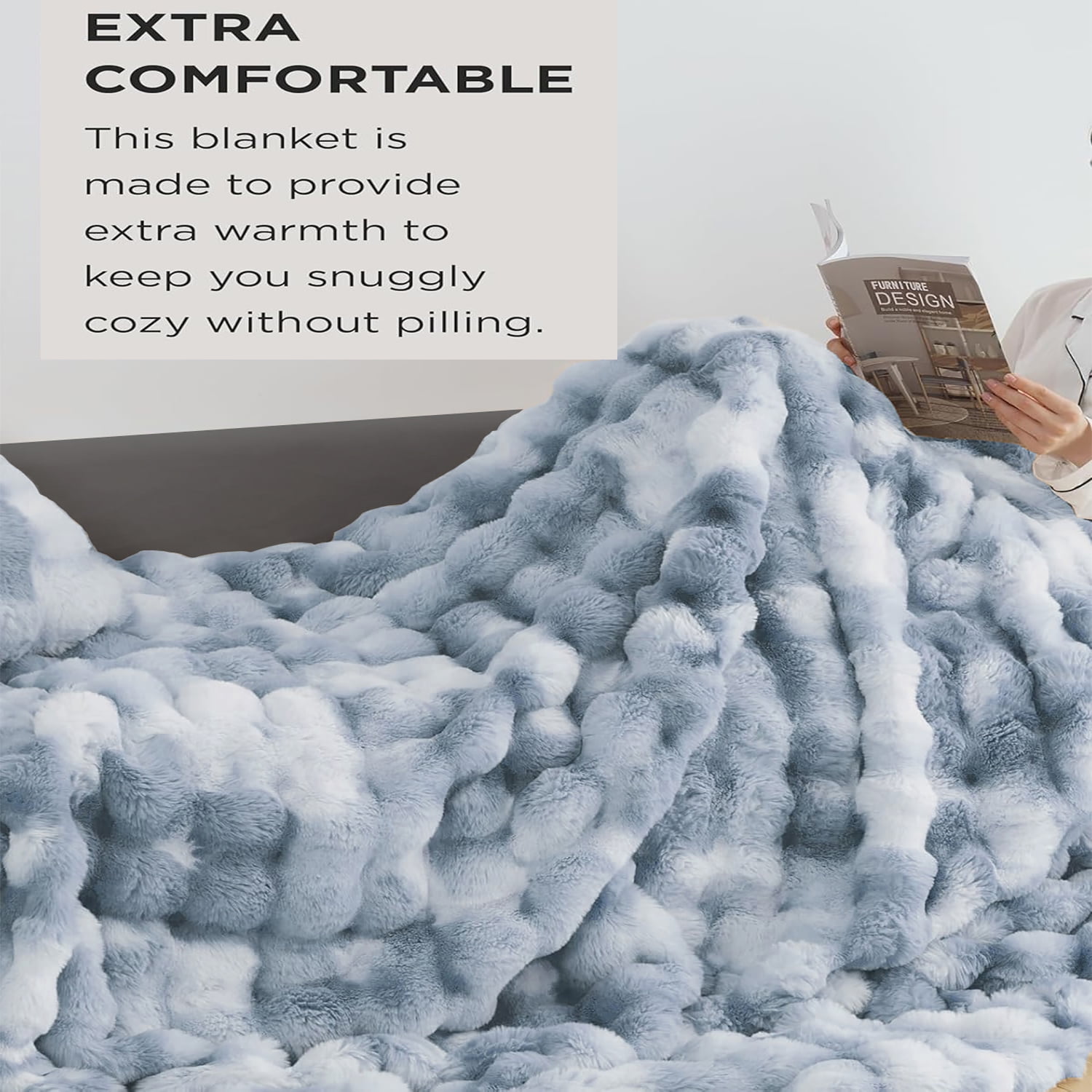 GHOUSE Fuzzy Faux Fur Throw Blanket Soft Fuffy Queen Size Large Blanket for Couch Bed Sofa 60 x 80 Inches Tie-dyed Blue