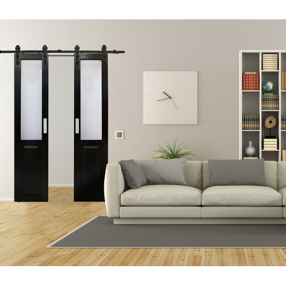 Millbrooke 36x84 Center Opening Vinyl Barn door kit Black with Frosted Panels