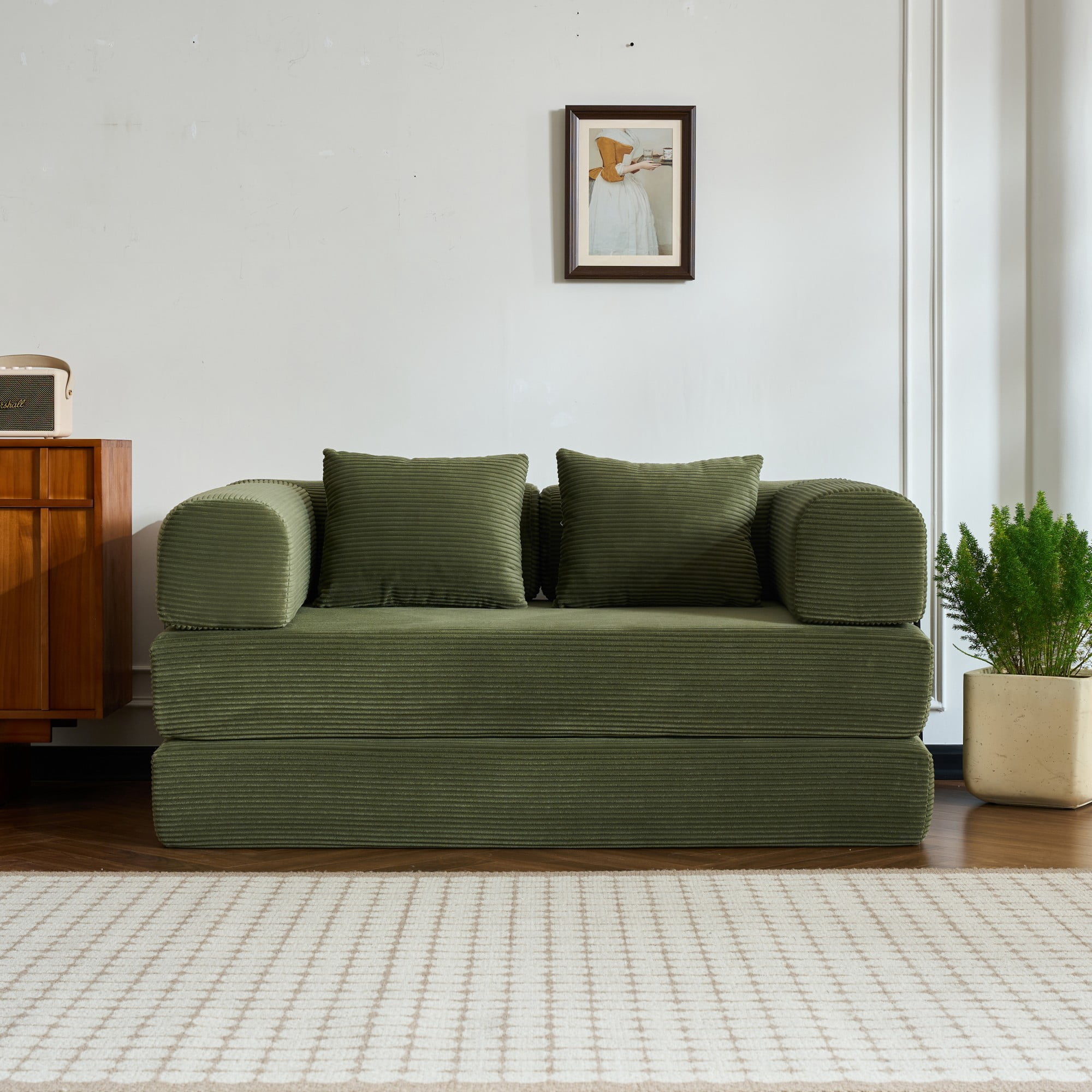 BSHTI 59" Corduroy Convertible Sleeper Sofa Bed with Cylindrical Pillow, No Assembly, Small Space for Living Room（Green）