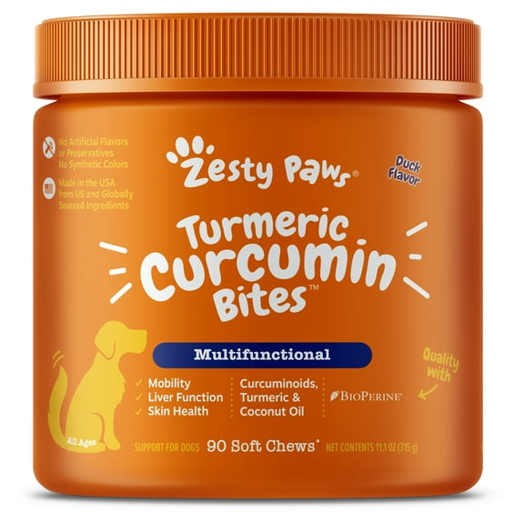 Zesty Paws Multifunctional Turmeric Curcumin Bites for Dogs of All Ages, Duck Flavor, 90 Count, Overall Wellbeing