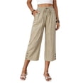 thumbnail image 2 of Capris for Women with Pockets Petite Pants Drawstring Casual Pull on Palazzo Trousers with Pockets Loose High Waisted Wide Leg Lounge Pants Khaki M, 2 of 7