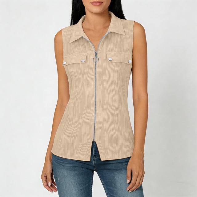 Abcnature Women's Sleeveless Zip Up Shirt Collared V Neck Button Down Blouse Tops Solid Color Ribbed Tank Tops