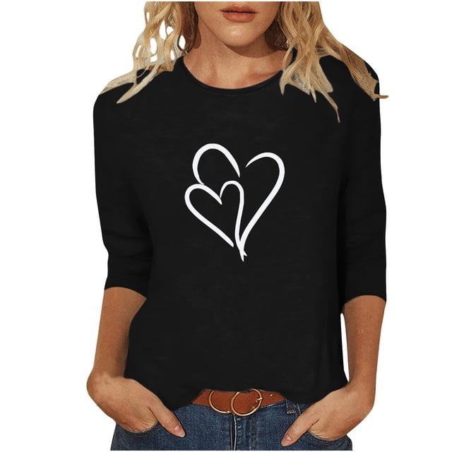 Plebaso Hauts à Cœur pour Femmes Manches 3/4 Col Rond T-Shirts Décontractés Imprimés chandail-Overs Femmes 2025 Blouses