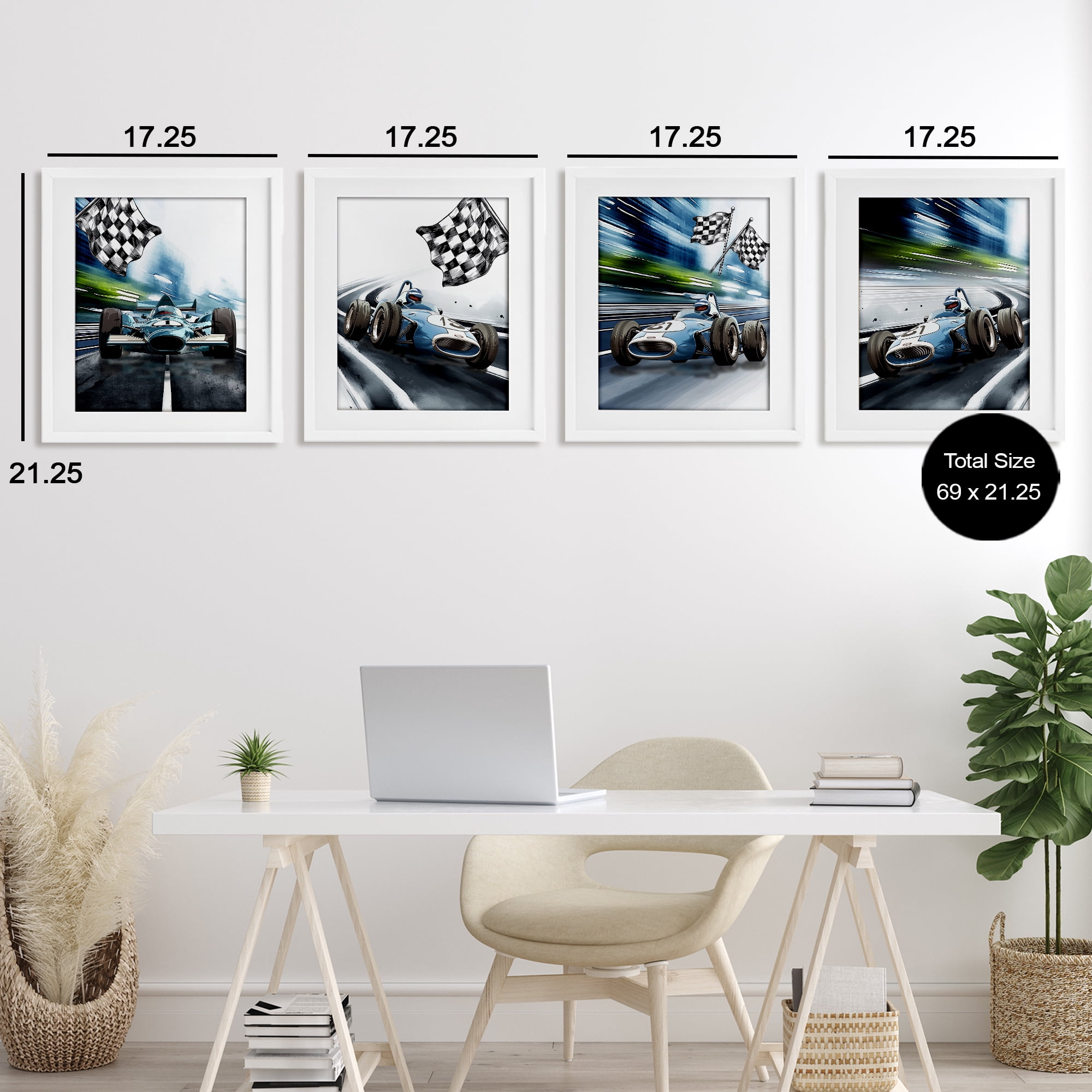 Stupell Industries Ready Set Racecars 4 Piece White Framed Print Under Glass Set, design by Christine Simpson Art