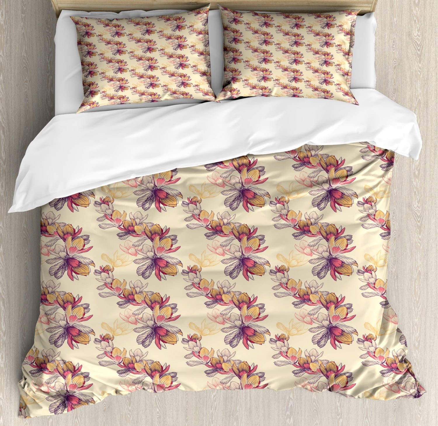 Magnolia King Size Duvet Cover Set, Illustration of Magnolia Flowers