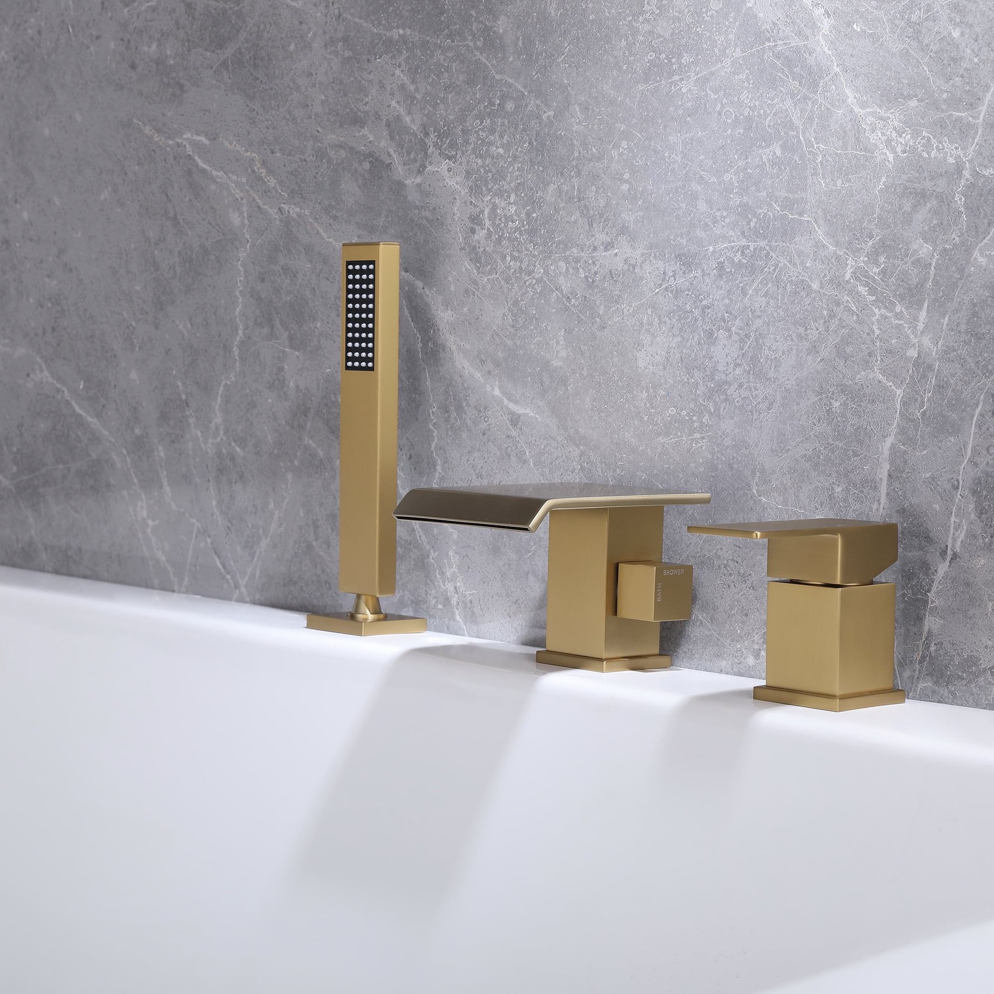 Three Holes Deck Mounted Roman Bathtub Faucet with Hand Shower, Widespread Waterfall Tub Filler
