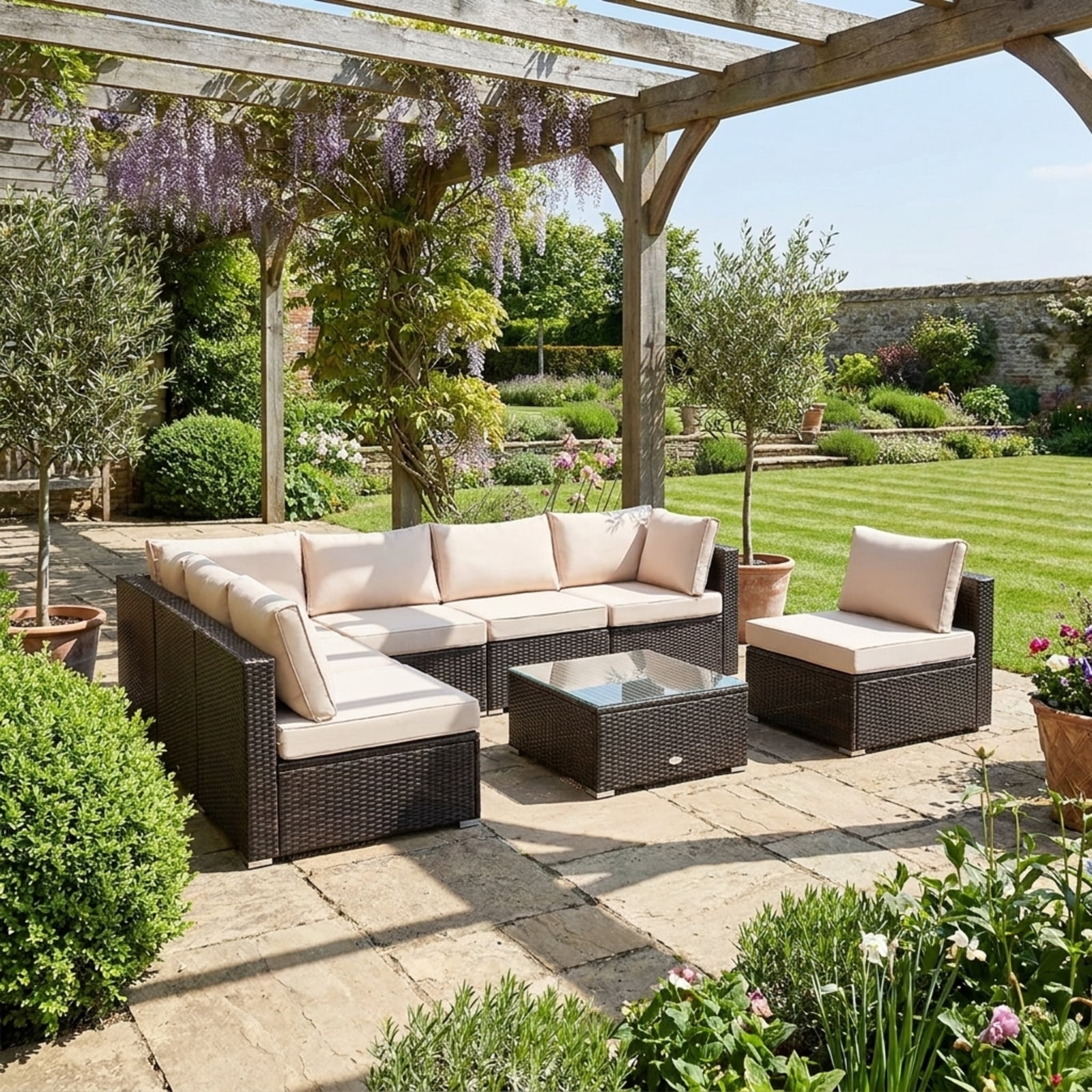 Biotree Patio Furniture Set 5 Pieces Cushioned Rattan Outdoor Sectional Conversation Set with Glass Coffee Table for Garden Backyard Porch, White