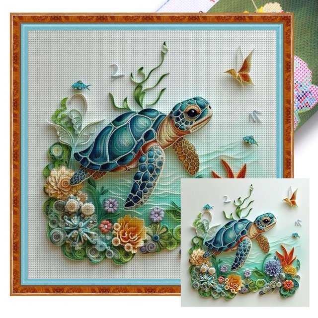 Hilo Algodón Ecológico Bordado Punto Cruz Con Tortugas Marinas 11CT 45x45cm
