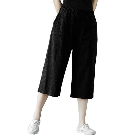 Outfmvch Flowy Pants Flowy Pants for Women Petite Pull On Elastic Beach Pant Plus Size Elastic Waist Trousers Cropped Lounge Trousers Palazzo Pants Capri Pants with Lace Side Black M-3XL