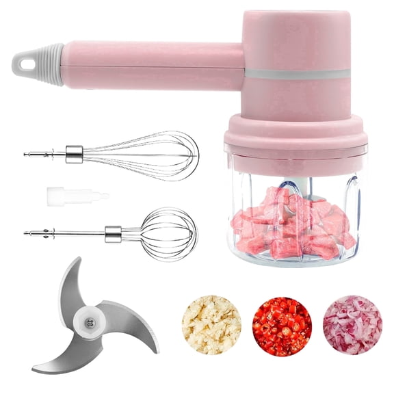 Xylobyte 2-in-1 Electric Hand Mixer, Electric Whisk, Mini Onion Chopper 10Oz, Small Cordless Hand Blender, 3 Speed Rechargeable Food Processor for Baby Food Maker, Pink