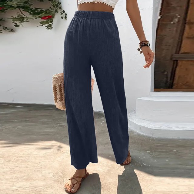 Pantalones Pantalones básicos para mujer, pantalones largos holgados de verano, traje diario de Color sólido arrugado Cgtredaw Azul T XXL para Mujer