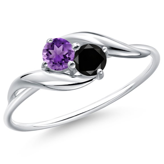 Gem Stone King 10K White Gold Round Purple Amethyst and Black Diamond Ring for Women (0.33 Cttw, Round 3.5MM, Gemstone February Birthstone, Size 7)
