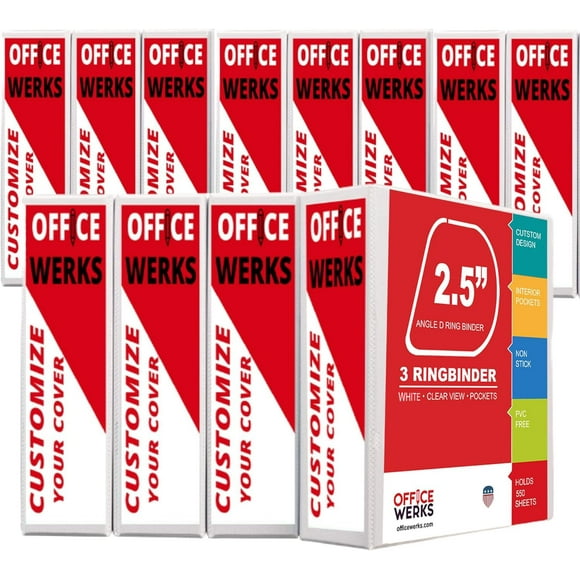 Office Werks 3 Ring Binder, Professional D Ring 2.5 Inch, 12 Presentation Folder for Standard Pages 8.5 x 11 with Pockets, Crystal Clear View White (12 Pack)