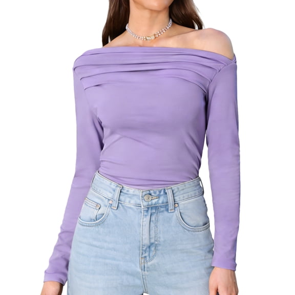 DARING DIVA Women's Off the Shoulder Long Sleeve Ruched Shirts Fit Tee Blouses XS Purple