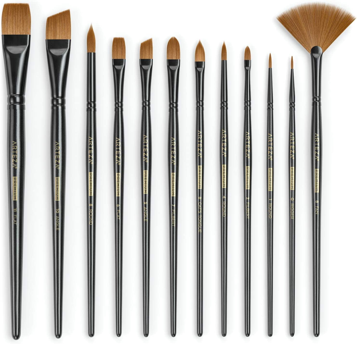 JJEAN-Paint Brushes, Set of 12, Premium Synthetic Brushes with Brass Ferrules & Wooden Handles