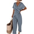 thumbnail image 3 of Women'S Outfits V Neck Cap Sleeve Crop Top Wide Leg Pant Sets Blue XL, 3 of 7