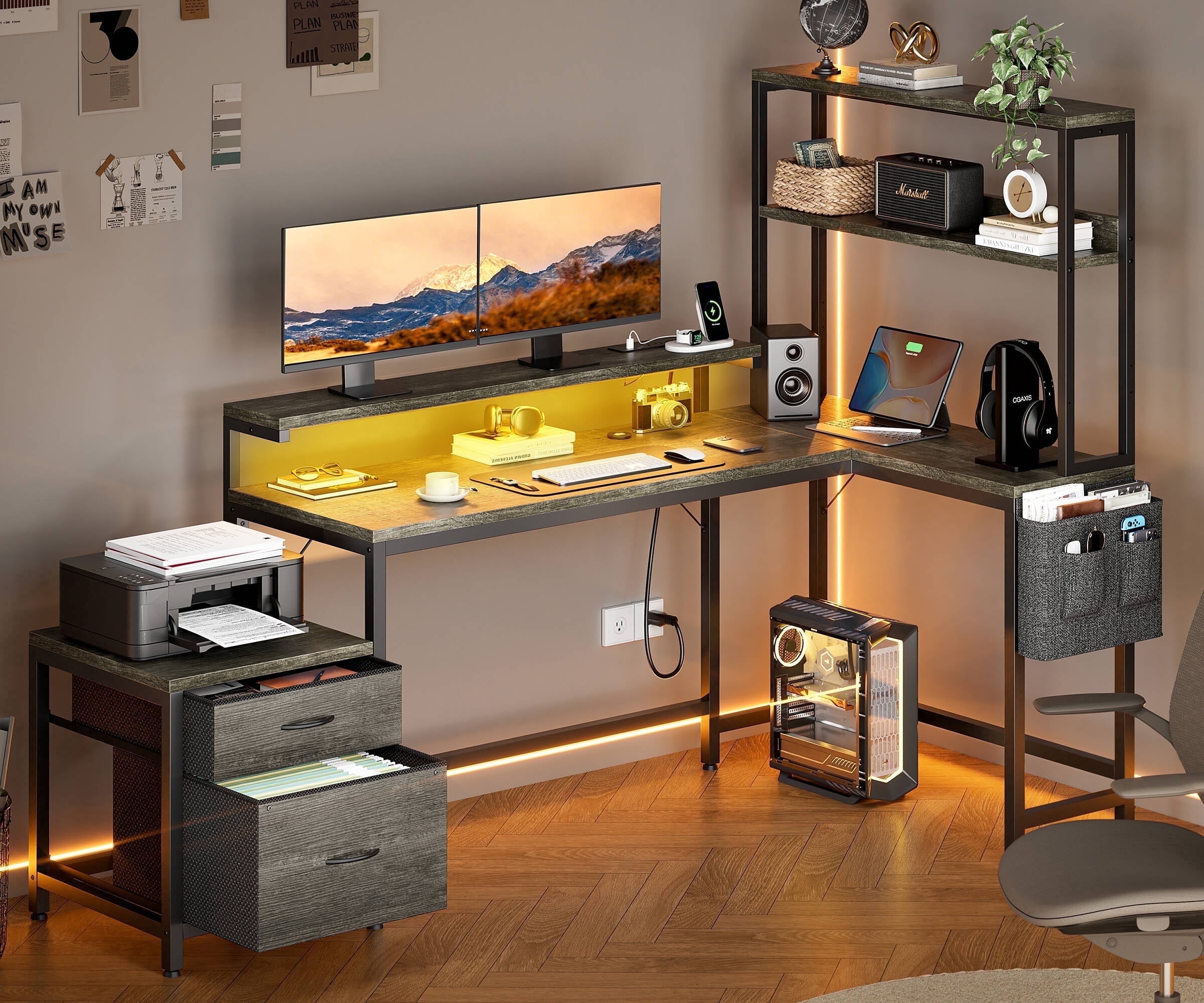 GUNAITO L Shaped Gaming Desk with CPU Stand, 71" Corner Computer Desk,Reversible Office Desk with File Drawers Cabinet,3-Tier Shelf,Gray