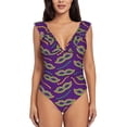 thumbnail image 2 of Yiaed Carnival Masks and Beads Print Women's Ruffled One Piece Swimsuit V Neck Swimwear Slimming Monokini for Woman-Small, 2 of 8