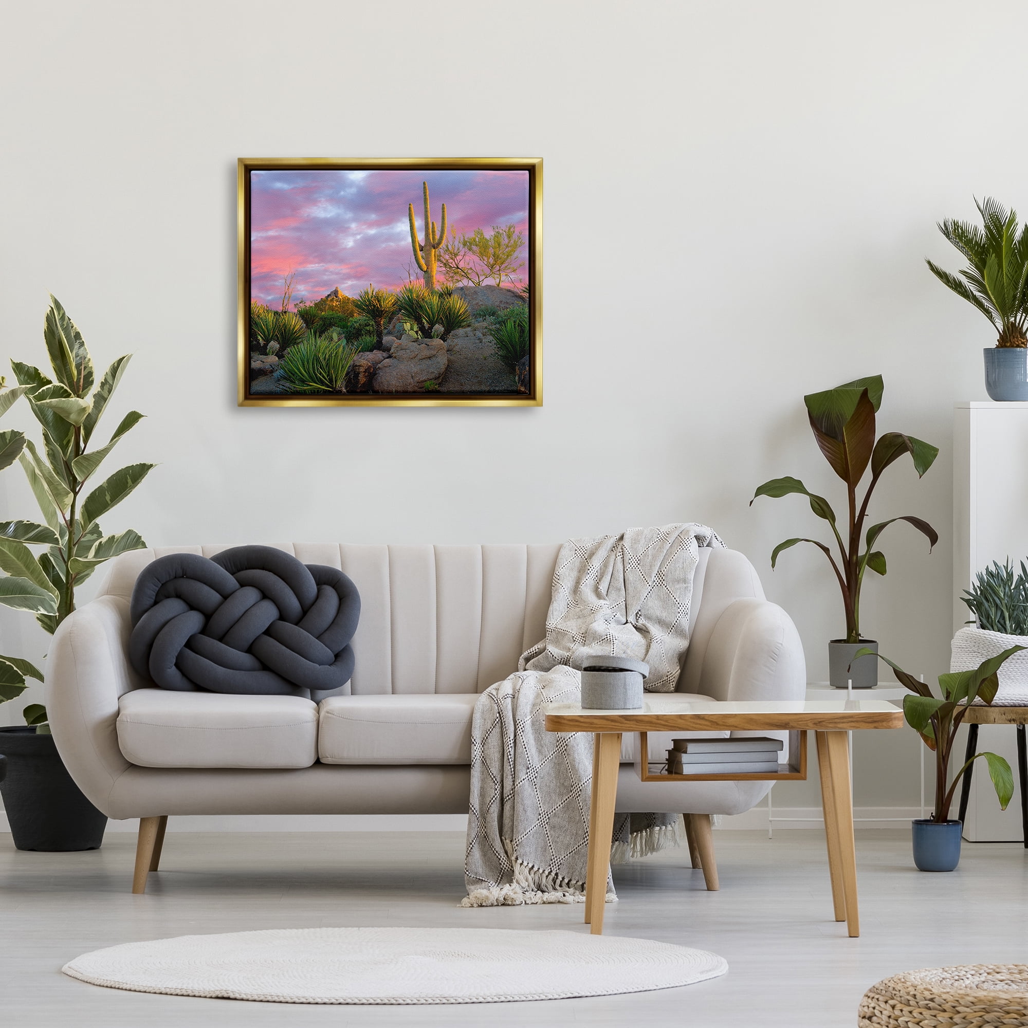 Stupell Industries Pink Sunrise Arid Cactus Plants Landscape Photography Gold Floater Framed Art Print Wall Art