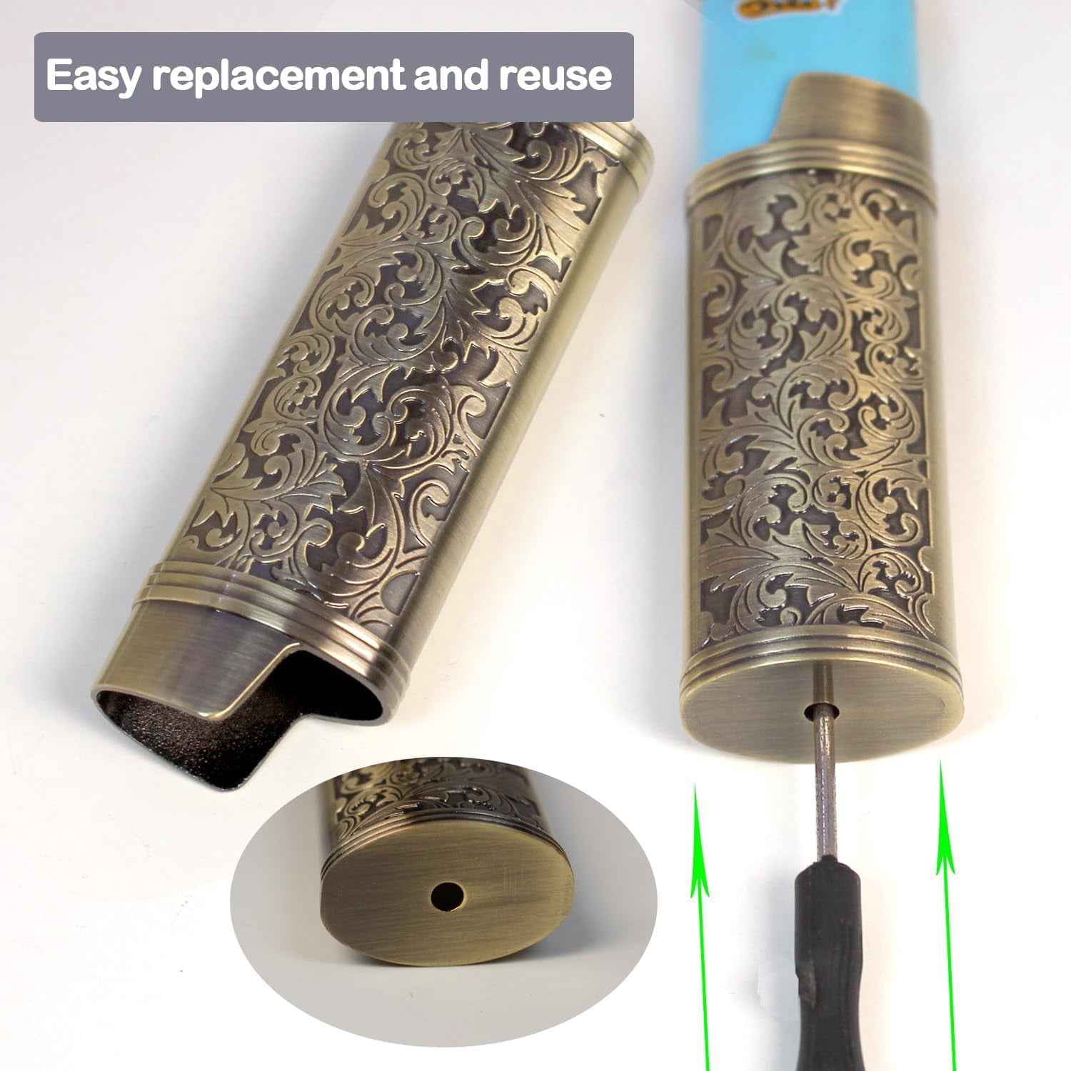 2 Pack Vintage Metal Lighter Case Cover Front Arabesque Engraving Reusable Lighter Sleeve for Bic J6 Regular Lighters (Style1-Bronze)