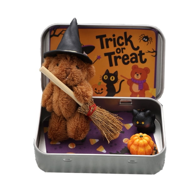 Bewildely Osito en caja con sombrero, regalo sorpresa de Halloween para la familia, mini osito de Witcher en caja. Animales de peluche y juguetes de peluche marrón