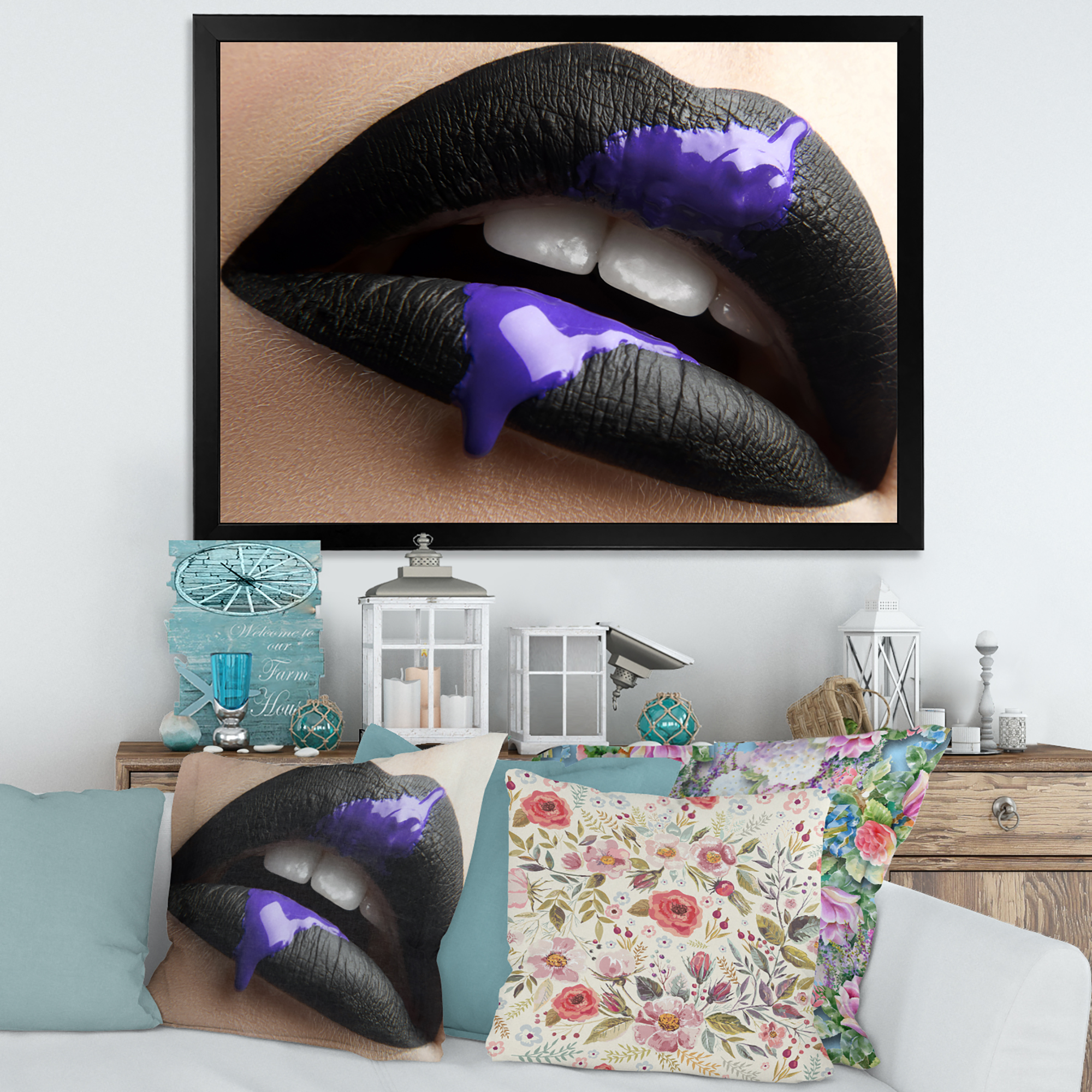 Designart 'Woman Lips With Black Lipstick & Purple Paint' Modern Framed Art Print
