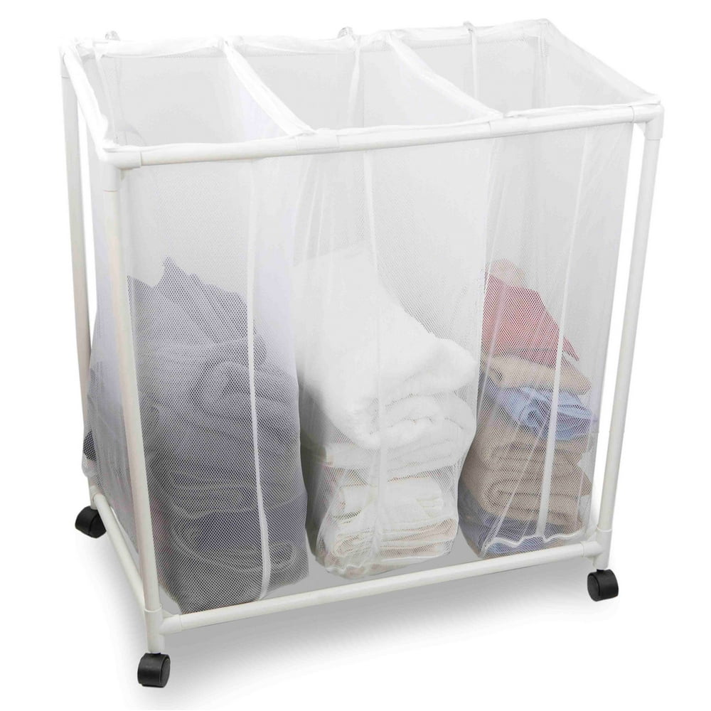 Sunbeam Mesh Triple Laundry Sorter Cart with Wheels