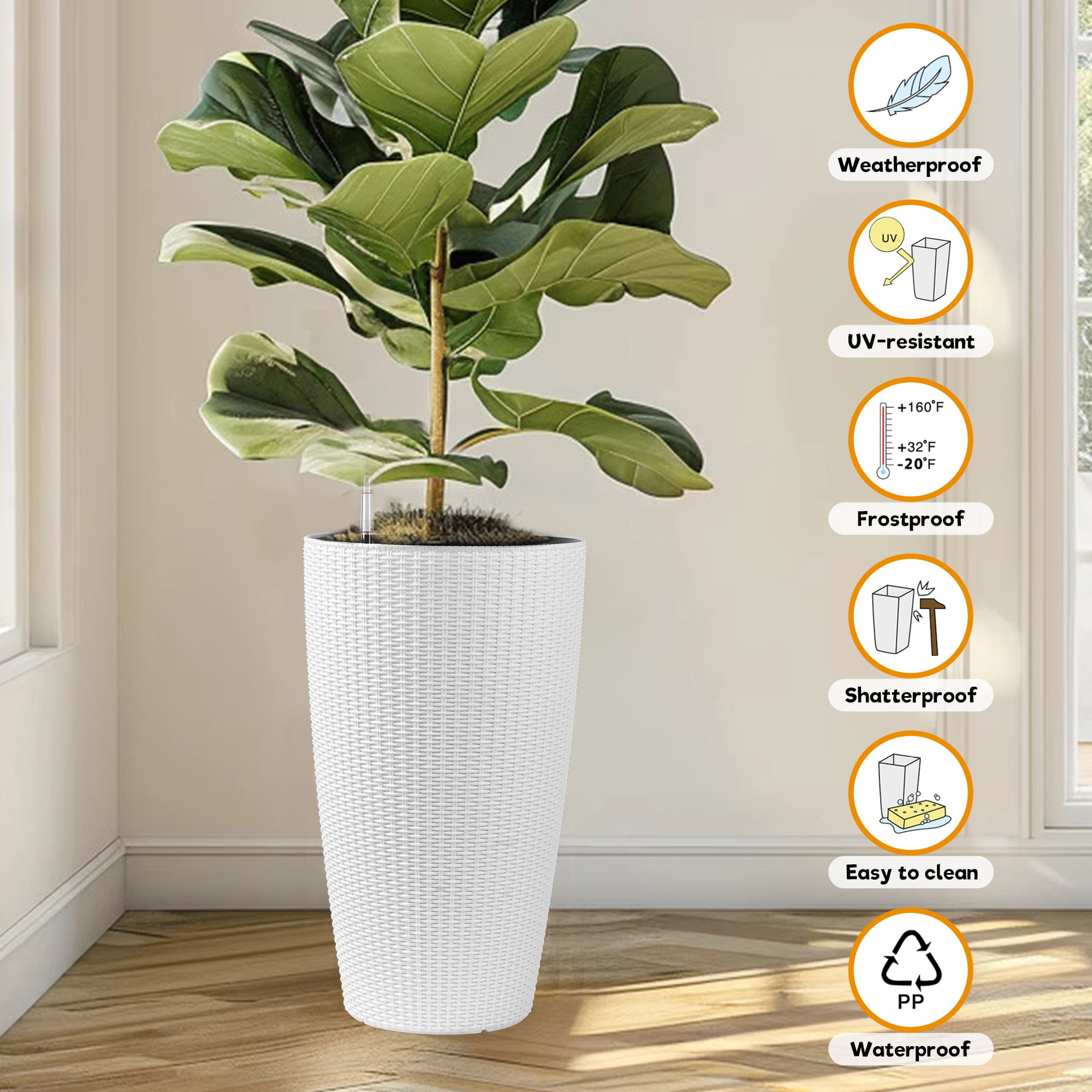 Rattan Planter, 2 Pack Universal Large Plant Pot for Garden Balcony Indoor Outdoor, White