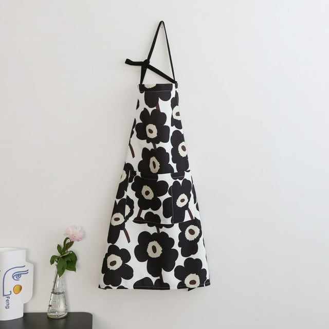 Waterproof Sleeveless Kitchen Apron with Nordic Flower Print - Stylish & Compact for Home Baking, Cooking, and Daily Kitchen Activities - Black Floral Design for a Fresh, Modern Home Kitchen Look