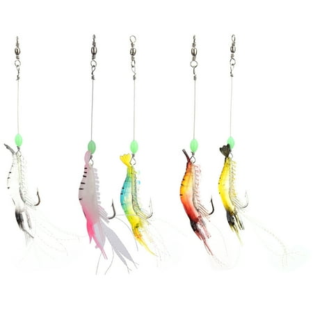 5Pcs Shrimp Shape Simulation Soft Prawn Bait Fishing Lures Tackle with Barb Hook Luminous Bead