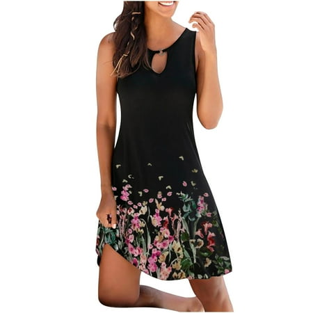 

asdoklhq Maternity Dress Women s Fashion Vintage O-Neck Sleeveless Flower Printed Round Button Dresses