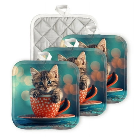

BaHomeck Pot Holders 4pcs dacron Made Square heat-resisting mat Machine Washable for Kitchen Oven Hot Pads 6.7inch*6.7inch Cute Kitten Sitting In Polka-Dot Coffee Cup