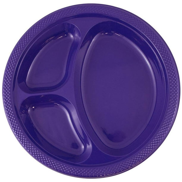 JAM 3 Compartment Divided Plastic Plates, 20/Pack, Purple, Large, 10.25