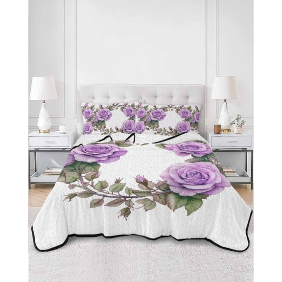Quilts Queen Size, Purple Rose Soft Comforter Bedding Set for Bed, Spring Flower Watercolor Modern Floral Leaf Lightweight Quilted Bedspread with Pillow Cover(2 Pieces) for All Season, 90x96 Inch