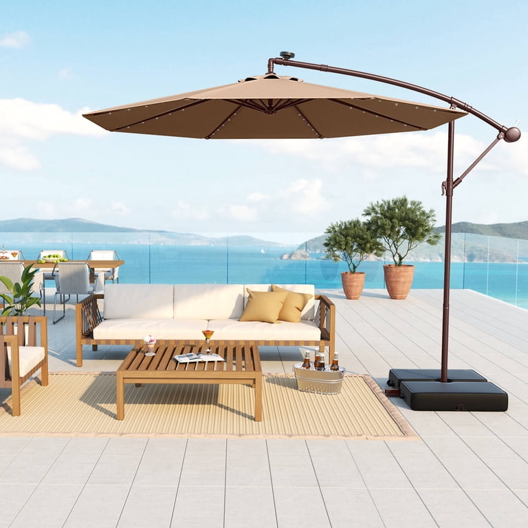 brown offset patio umbrella Mojia 10x10 FT Square Cantilever with Solar LED Lights and Cross Base, 360 Rotation Large Heavy Duty Outdoor Umbrella with Easy Tilt for Pool Backyard Deck Garden it is designed for lasting strength Mondawe 10-ft Steel Brown Offset