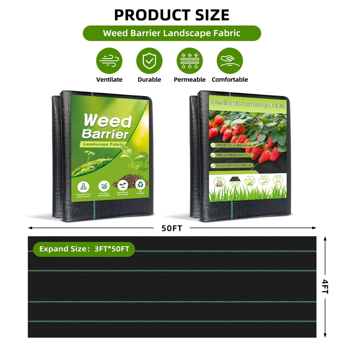 GPED 4FT x 50FT Weed Barrier Landscape Fabric, 3.2OZ Heavy Duty Weed Blocker Gardening Mat, Garden Cloth for Underlayment, Gardening, Farming, Ground, Commercial Driveway W/ 12 U-Shaped Securing Peg