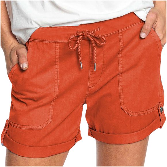 AherBiu Women's Drawstring High Waisted Button Roll Up Hem Hiking Shorts, Solid Color