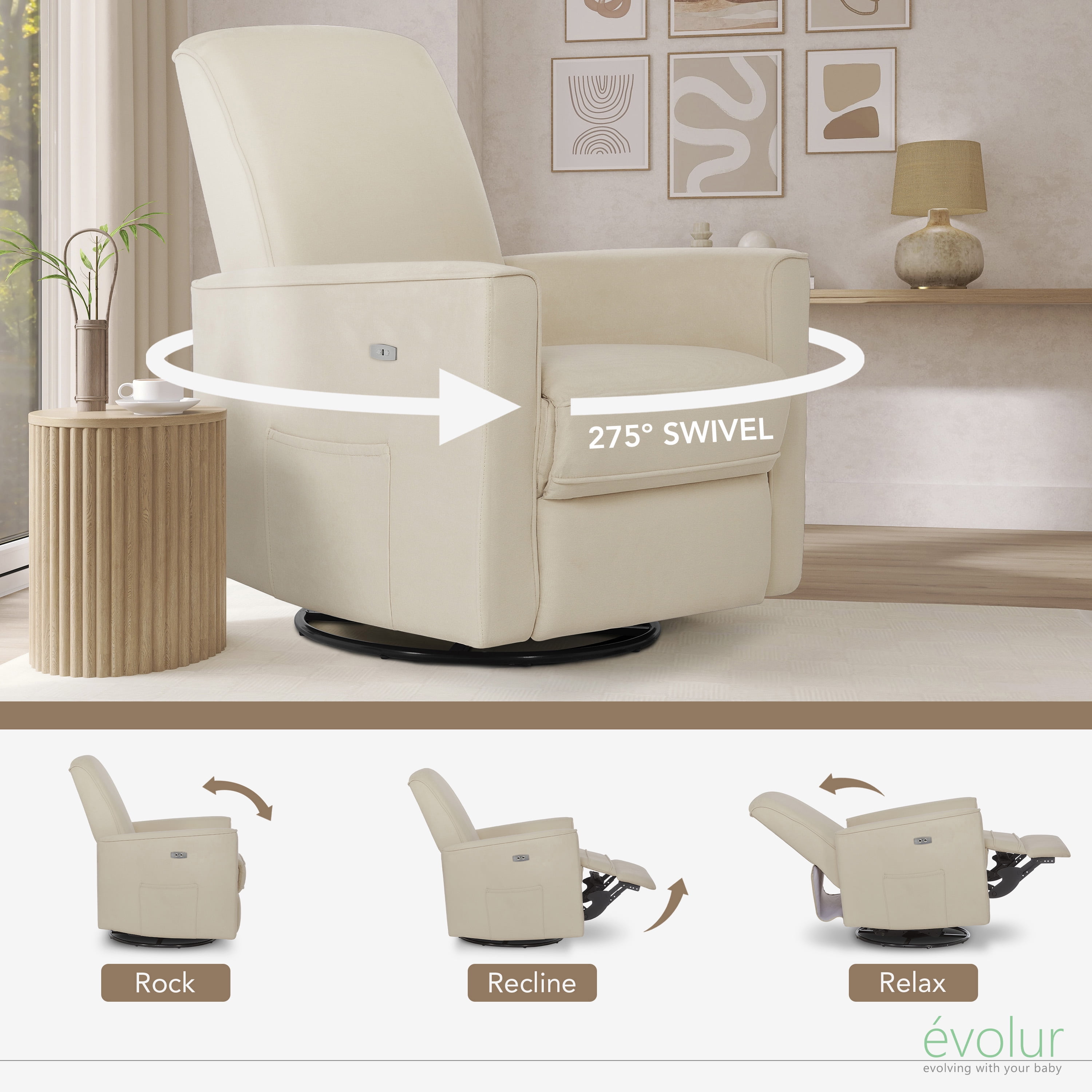 Evolur Harlow Power Recliner and Gliding Rocker with USB Charger Port, Shell
