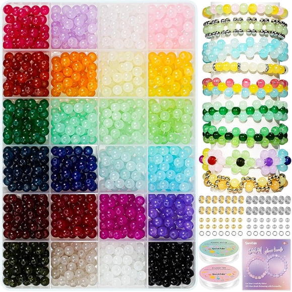 Perles de Verre pour Fabrication de Bijoux 720 Pcs Kit de Fabrication de Bracelets Perles de Verre Rondes 6 mm, Kit de Perles de Bracelet 24 Couleurs Kit de Perles de Verre pour Fabrication de Bijoux Perles en Cristal pour Bracelets Cadeau