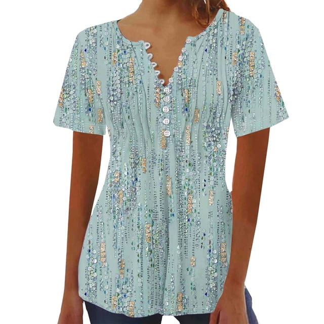 Womens Printed V-neck Button Up Short Seeved Top