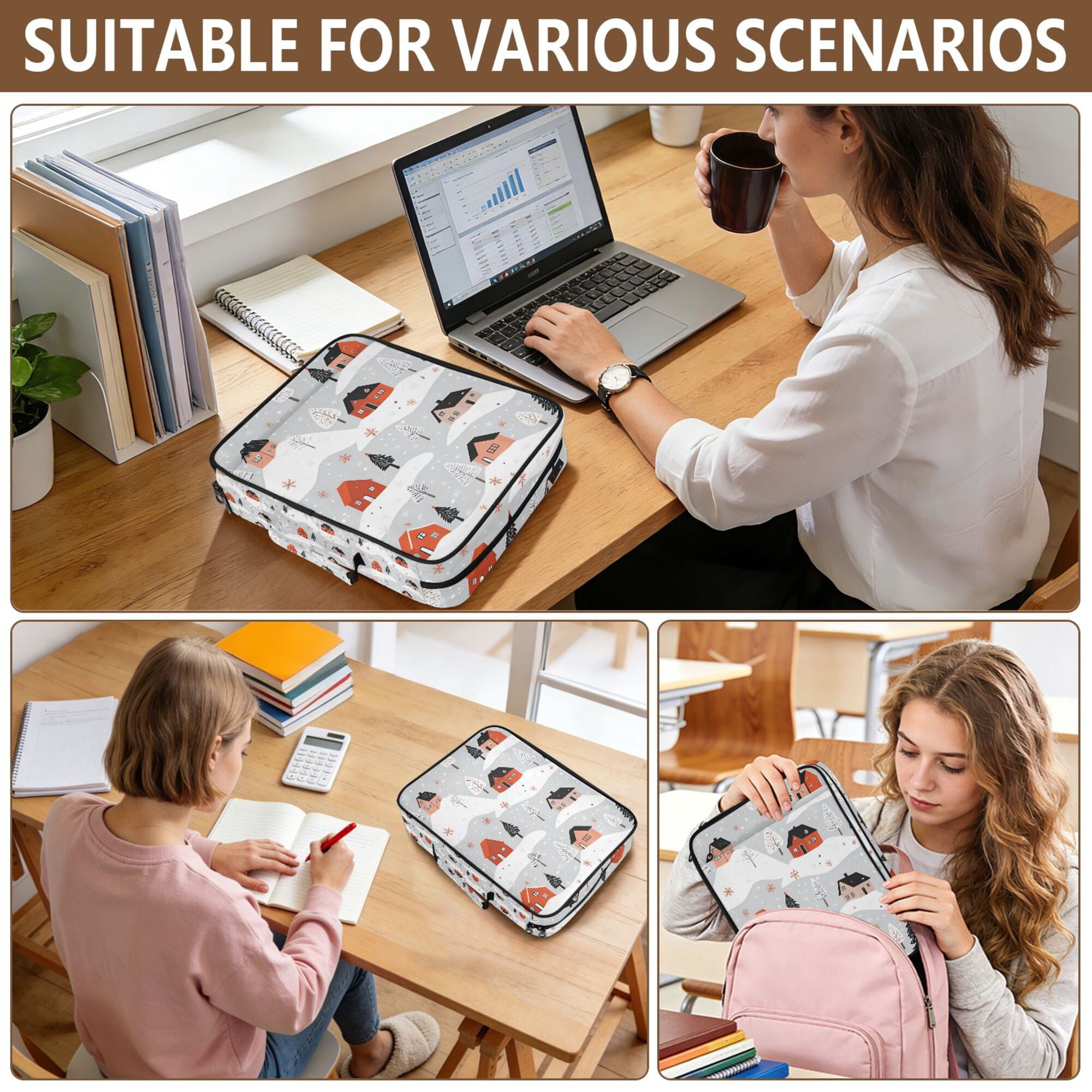 FORMRS Accordion File Folder A4 Size 7-Pocket Expanding Document Organizer Bag with 3 Ring Binder, Cartoon Red Houses