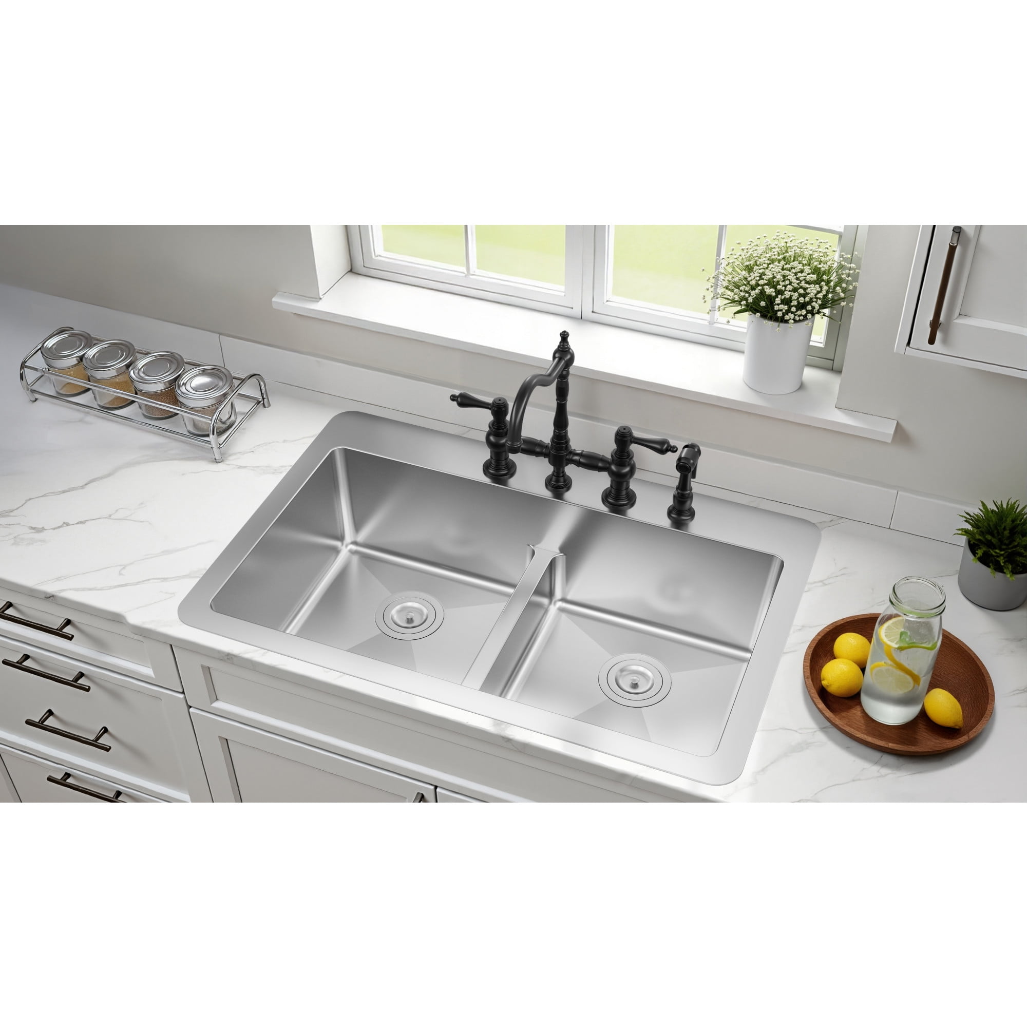 Kingston Brass GKDD332294LD Quebec 33-Inch Stainless Steel Double Bowl Dual Mount Kitchen Sink with Drain in Brushed