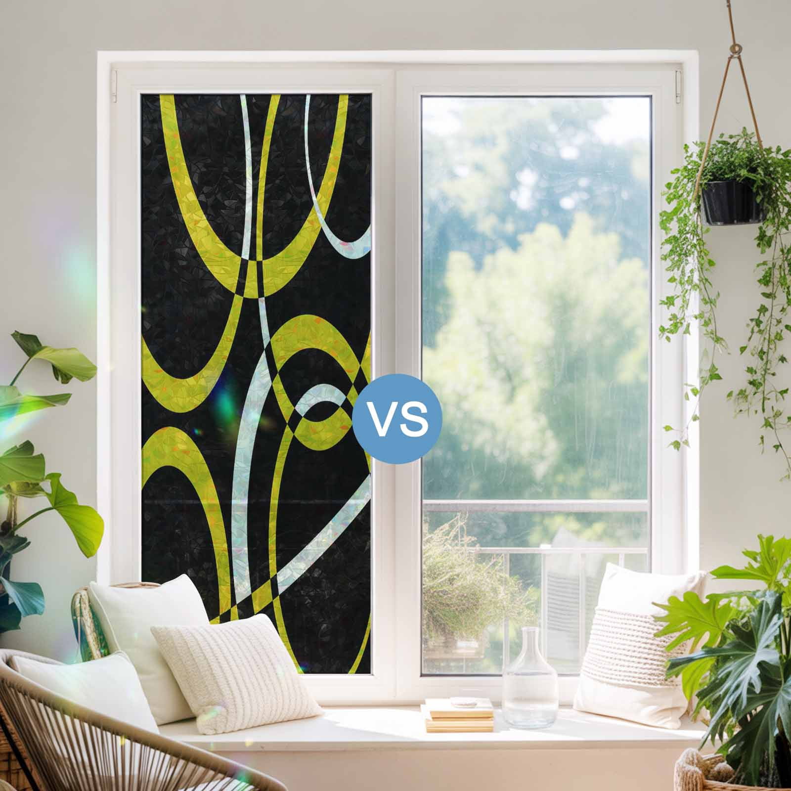 Yellow Geometric Window Privacy Film Stain Glass,Reusable Decorative Rainbow Window Film,Modern Abstract Simple Lines Black Static Cling Sun Blocking Stickers Decals Covers 29.5" x 78.7" (2pcs)