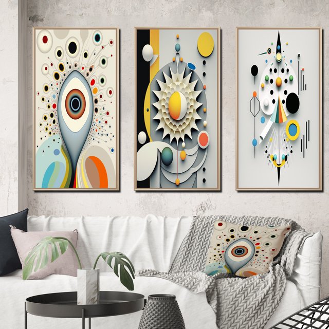 Designart "Occult Séance Insights IV" Modern Geometric Framed Wall Art Set Of 3 - White Abstract Frame Canvas Set For Living Room Decor
